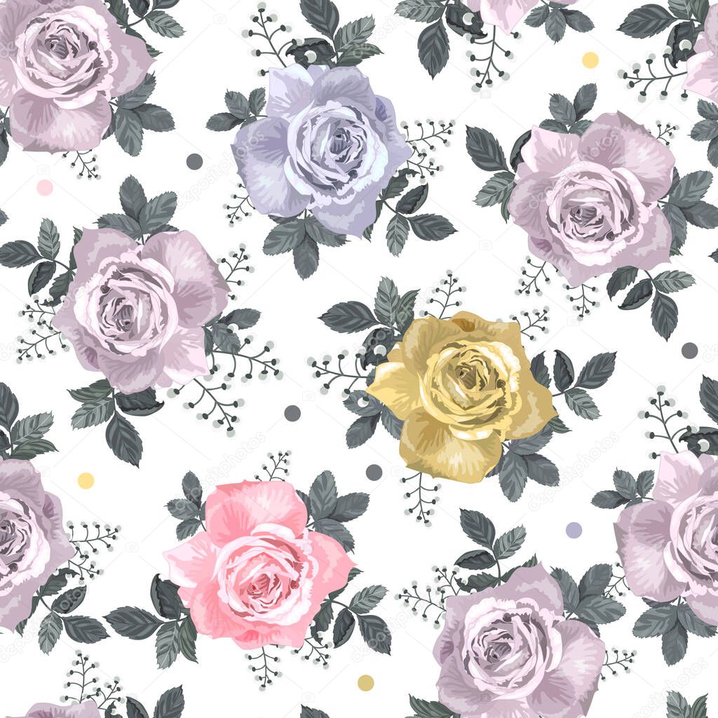 Pink,yellow roses with gray leaves on white background.Beautiful colorful floral seamless pattern.Botanical vector illustration.