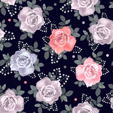 Siyah arka planda gri, pembe, kırmızı güller. Çiçeklerin kusursuz deseni.