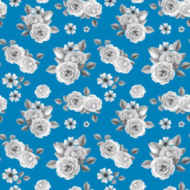 Mavi arka planda gri güller. Suluboya desensiz çiçekler..