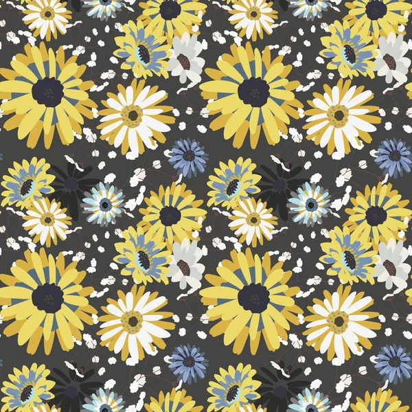Patrón sin costuras con crisantemos, manzanilla, margarita. Flores amarillas, blancas sobre un fondo gris oscuro. — Vector de stock