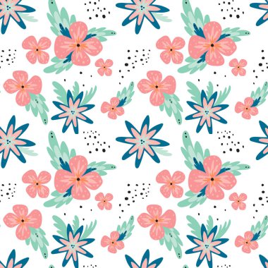 Kusursuz desenli, soyut pembe, mavi çiçekler, beyaz arkaplanda yeşil yapraklar.