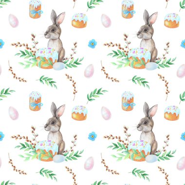 Suluboya gri tavşan, Paskalya pastası, yapraklar, yumurta, çiçek, söğüt ağacı, beyaz arka planda yeşil dal. Kusursuz desen. Suluboya çizimi