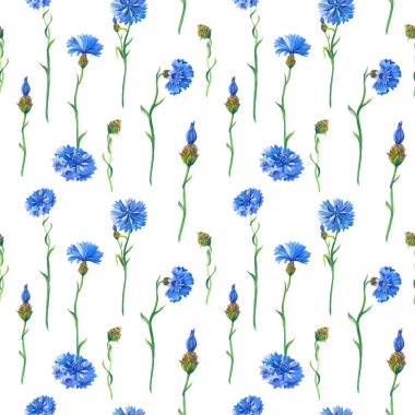 Beyaz arka planda mavi çiçek. Çiçeksiz suluboya desen. Parmak izi ve kumaş için çiçekli bir resim