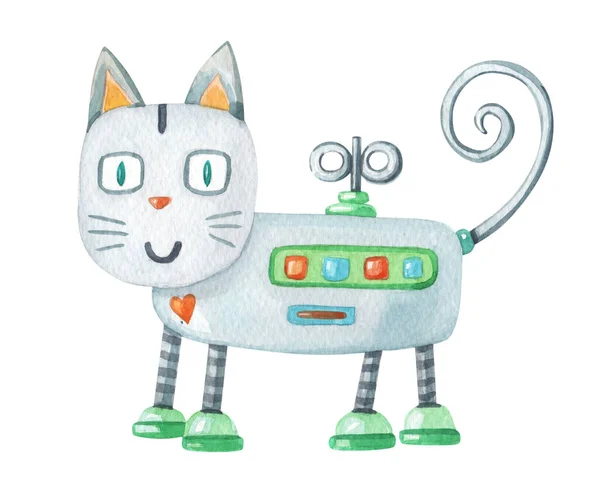 Beyaz arka planda kalbi olan suluboya robot kedi. Bebek için tatlı suluboya çizgi film karakteri. Izgara El Çizimi — Stok fotoğraf