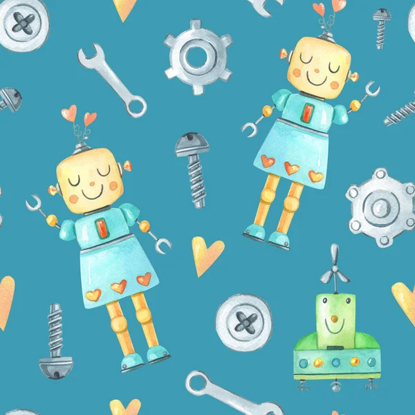 Watercolor funny robot girl,screwdriver, screw, gear on blue background. Cute watercolour cartoon character for children.