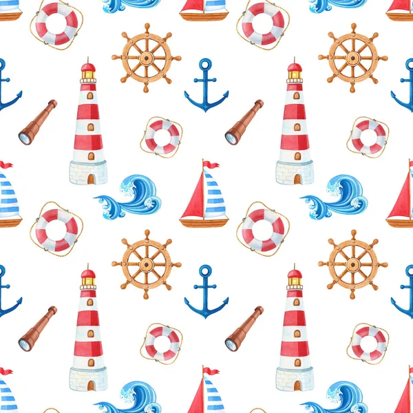 Watercolor marine seamless pattern with wooden ship,anchor,Lifebuoy,steering wheel.Watercolour summer illustration — Stock Photo, Image