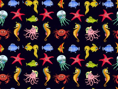 Eğlenceli bir turuncu deniz atı, yengeç, denizanası, ahtapot, lacivert arka planda deniz yıldızı. Çocuklar için vektör çizimi. Kumaş, tekstil, ambalaj kağıdı gibi malzemeler için kullanılabilir..