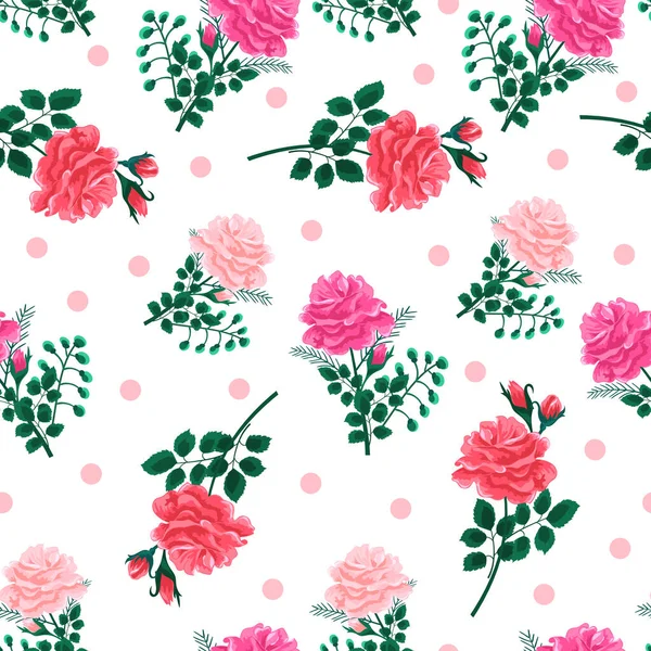 Patrón Sin Costuras Lunares Con Hermosas Rosas Rojas Rosas Rosadas — Vector de stock