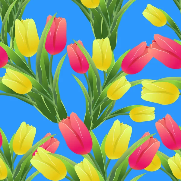 Krásný Jarní Bezešvý Vzor Žlutými Červenými Tulipány Květy Modrém Pozadí — Stockový vektor