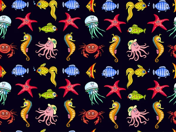 Fabulous Nautical Pattern Fun Orange Sea Horse Crab Jellyfish Octopus — Stock Vector