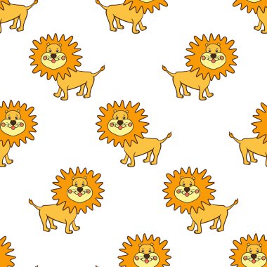 Kusursuz desenli, sevimli, güler yüzlü, turuncu saçlı sarı aslanlı. Çizgi filmdeki vahşi Afrika hayvanı. Beyaz arkaplandaki resim. Çocuklar için vektör illüstrasyonu. Kumaş, tekstil, kağıt için yazdırma.