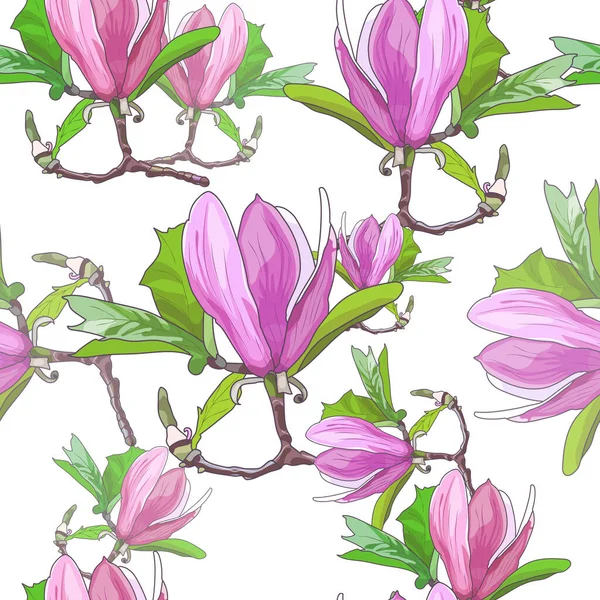 Bloeiende Roze Magnolia Lichtgele Achtergrond Bloemen Naadloos Patroon Heldere Botanische — Stockvector