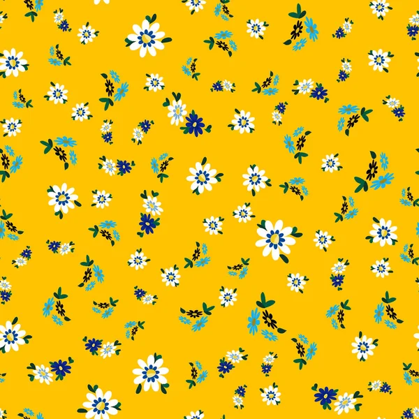 Güzel, kusursuz bir desen. Sarı arka planda beyaz çiçekli vektör illüstrasyonu. Hediye kağıtları, ambalajlar, kupürler, tebrik kartları için uygun..