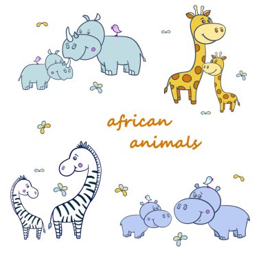 Beyaz arka planda zürafa, zebra, Hippo ve Gergedan da dahil olmak üzere farklı Afrika vahşi hayvanlarının vektör çizimi. Anneler ve çocuklar..