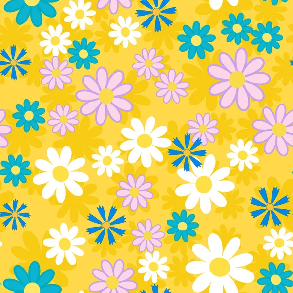 Niedliches Abstraktes Nahtloses Muster Mit Großen Gelben Weißen Kamillenblüten Blauer — Stockvektor