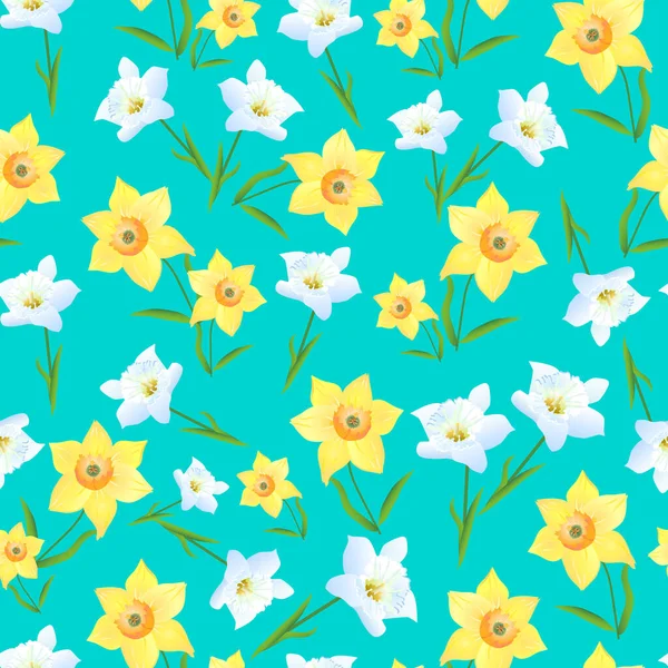 Güzel, kusursuz bir desen. Yeşil arka planda sarı ve beyaz nergisli vektör çizimi alışılmadık. Hediye kağıtları, ambalajlar, kupürler, tebrik kartları için uygun..