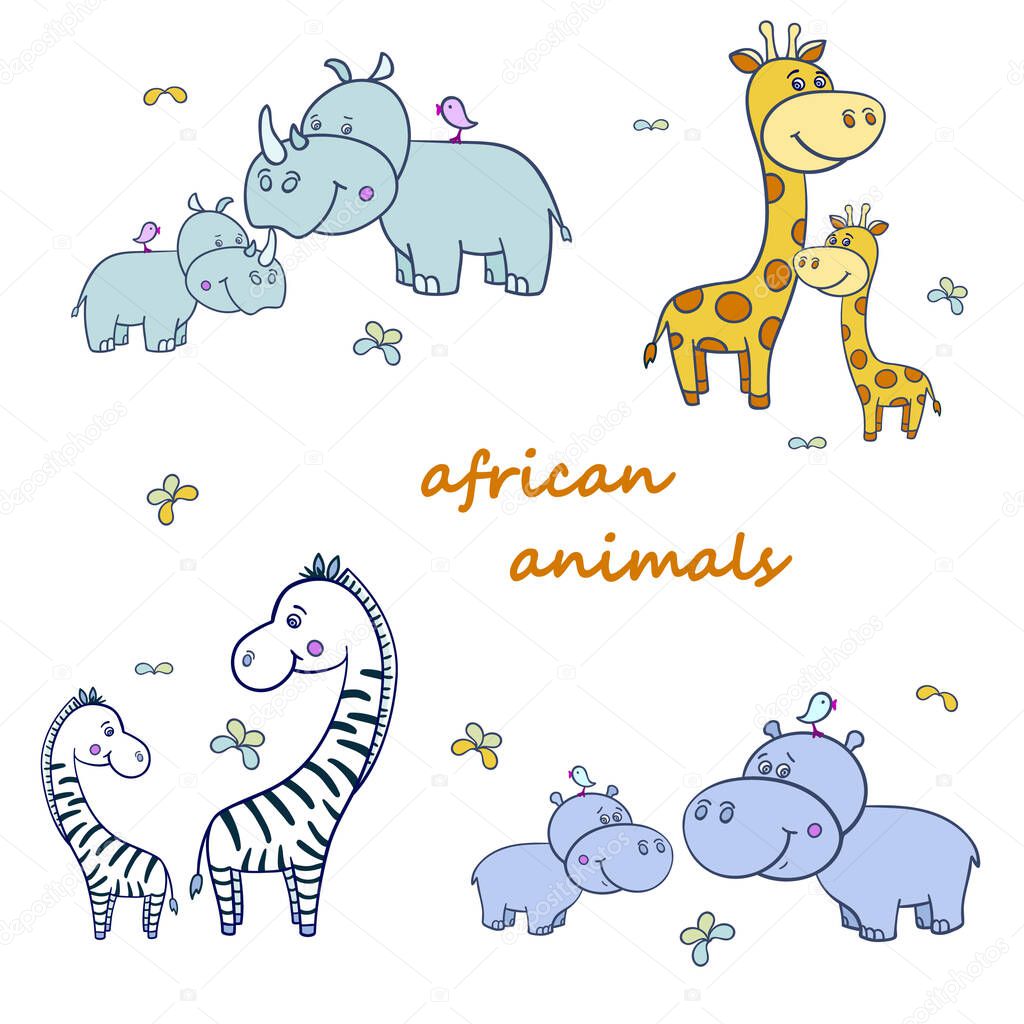 Vector illustration of cute different african wild animals set including giraffe, zebra, Hippo and Rhino on a white background.Moms and kids.