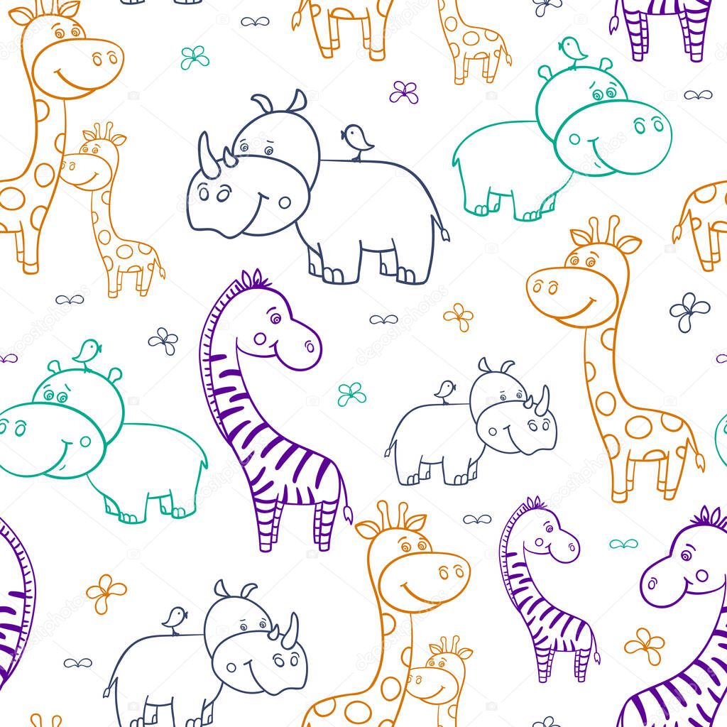 African seamless pattern with cute smiling Hippo and a bird on his head,Rhino,zebra, giraffe on a white background.Cartoon.contour, outline. Vector illustration for children.Print for textile,paper.