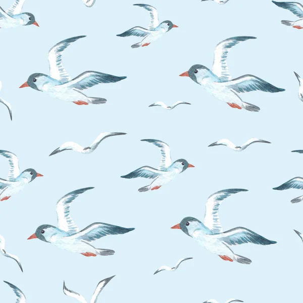 Watercolor Seagull Marine Seamless Pattern Print — Stock Photo, Image