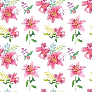 Pembe zambak. Beyaz arka planda çiçekli suluboya desenli. Tekstil, baskı, kumaş, ambalaj kağıdı, web sitesi tasarımı.