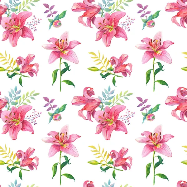 Rosa Lilly Aquarell Nahtloses Muster Mit Blumen Auf Weißem Hintergrund — Stockfoto