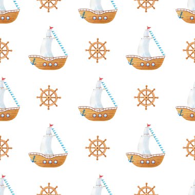 Yelkenli, bayraklı, direksiyonlu, demirli suluboya ahşap gemi. Beyaz arka planda bir deniz aracının karikatür deseni. Çocuklar için suluboya deniz çizimi. Çocuklar için baskı..