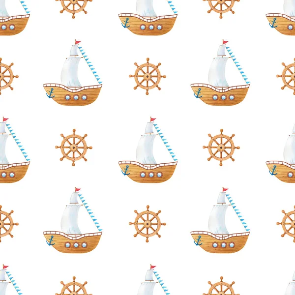 Watercolor Wooden Ship Sails Flags Steering Wheel Anchor Seamless Pattern — Stock Photo, Image