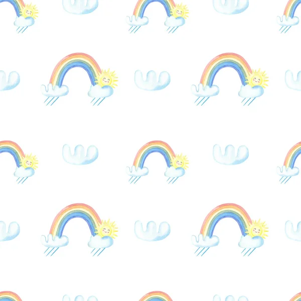Watercolor rain,rainbow,clouds, sun on white background.Color realistic spectrum.Cute Watercolour illustration for print,greeting card, kids textile, print,nursery decor,card,Baby shower.