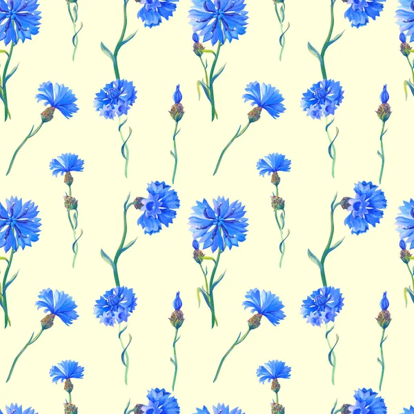 Сині Квіти Бежевому Фоні Акварельний Квітковий Безшовний Візерунок Ілюстрація Квітами — стокове фото
