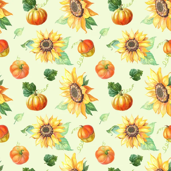 Tournesol et citrouille. Motif floral sans couture Illustration réaliste avec grande fleur d'hélianthe jaune — Photo