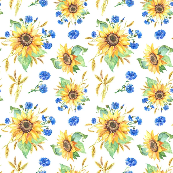 Tournesol aux feuilles vertes, bleuet, grain de blé. Modèle sans couture d'Helianthus sur fond blanc. — Photo