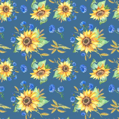 Yeşil yapraklı ayçiçeği, mısır çiçeği, buğday tanesi. Mavi arkaplanda Helianthus 'un kusursuz deseni.