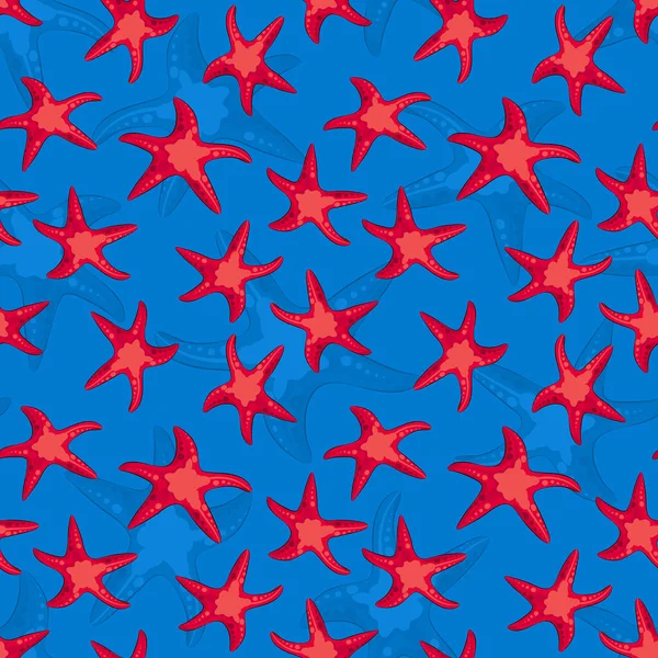 Estrella de mar roja sobre fondo azul. Patrón sin costura del mar. — Vector de stock