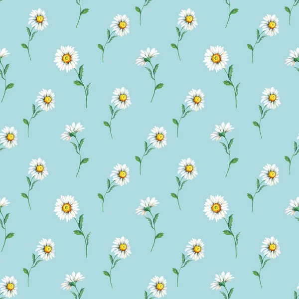 Cute tiny white chamomile on a light blue background. Watercolor Abstract seamless pattern — Zdjęcie stockowe