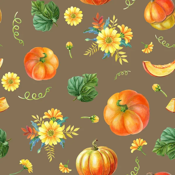 Oranje pompoen op bruine achtergrond. Zomer en herfst illustratie — Stockfoto