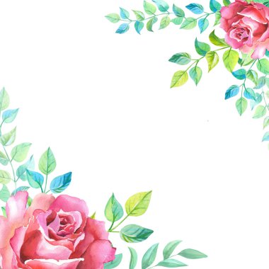 Beyaz arka planda yeşil yapraklı kırmızı güllerin çerçevesi.