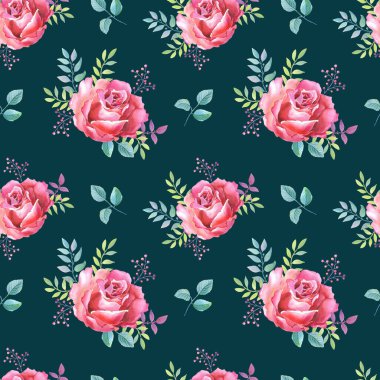 Pembe güller. Siyah arka planda suluboya çiçekler. resimleme.