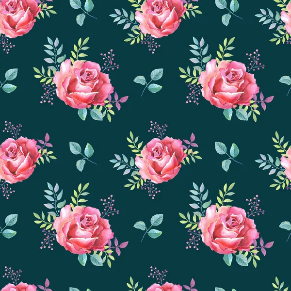 Rosas rosas.Acuarela flores sobre un fondo negro. ilustración. — Foto de Stock