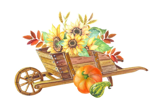 Drewniana taczka ogrodowa z pszenicą, słonecznikiem. Dynia jesienna — Zdjęcie stockowe