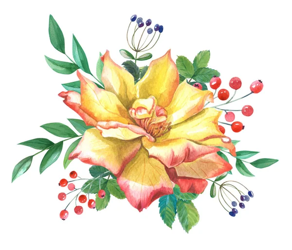 Akvarell sárga és vörös rózsa levelekkel, bogyó. Akvarell virágösszetétel — Stock Fotó
