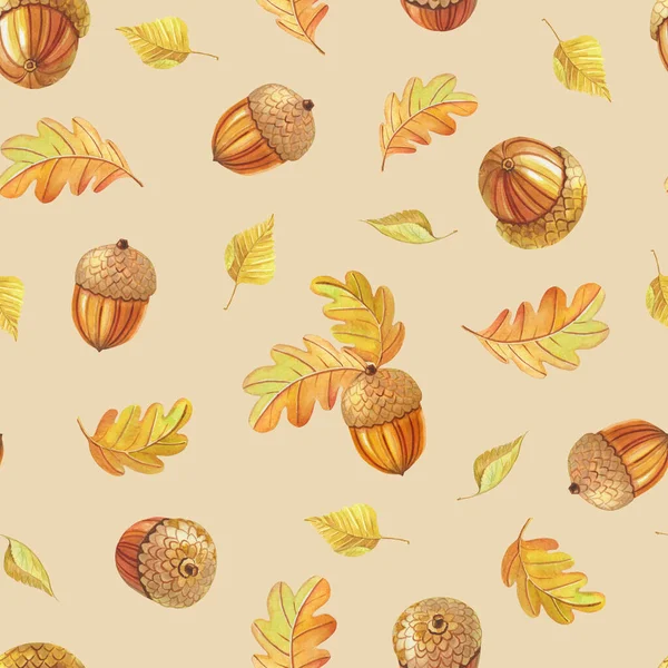 ベージュ地に水彩のオークの葉とアコーン。秋のシームレスなパターン. — ストック写真