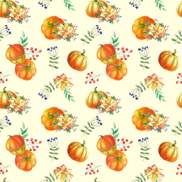 Sarı güllü suluboya turuncu balkabağı, yeşil yapraklar, açık arkaplanda kırmızı dut.