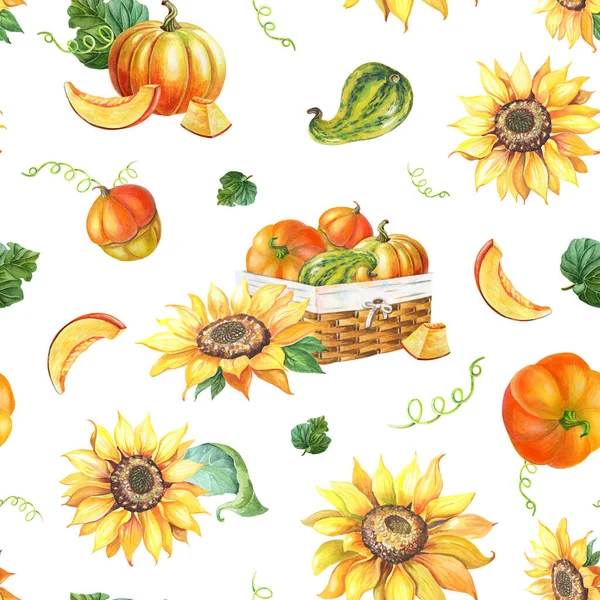 Watercolor Sunflower and pumpkin in basket. Floral seamless pattern.Realistic — Fotografia de Stock