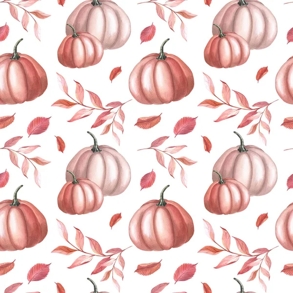 Watercolor red pumpkin and autumn brown leaves on white background. Garden seamless pattern. — Stock Photo, Image