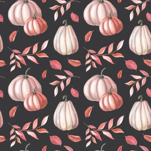 Watercolor red pumpkin and autumn brown leaves on dark background. Garden seamless pattern. — Photo