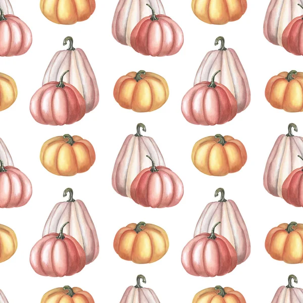 Watercolor orange,pink pumpkin on white background. Autumn seamless pattern. — Stock Photo, Image