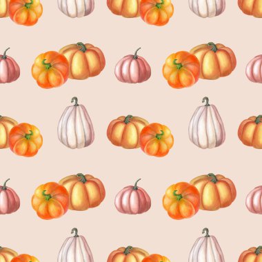 Watercolor orange,pink pumpkin on pink background. Autumn seamless pattern.