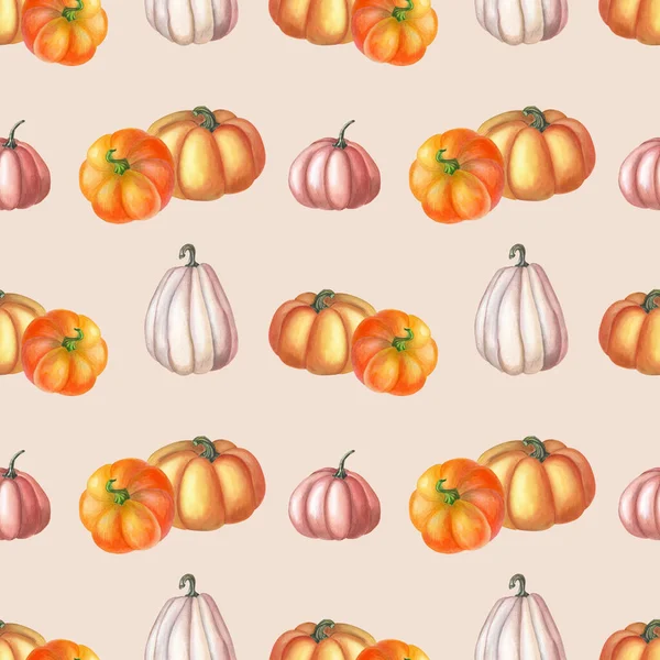 Watercolor orange,pink pumpkin on pink background. Autumn seamless pattern. — Photo