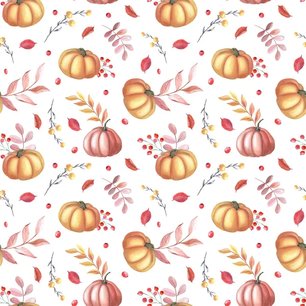 Watercolor red pumpkin and autumn brown leaves on white background. Garden seamless pattern. —  Fotos de Stock