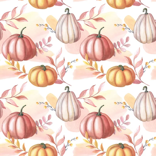 Watercolor red pumpkin and autumn leaves on white background. Seamless pattern with watercolour spots — Stock Photo, Image